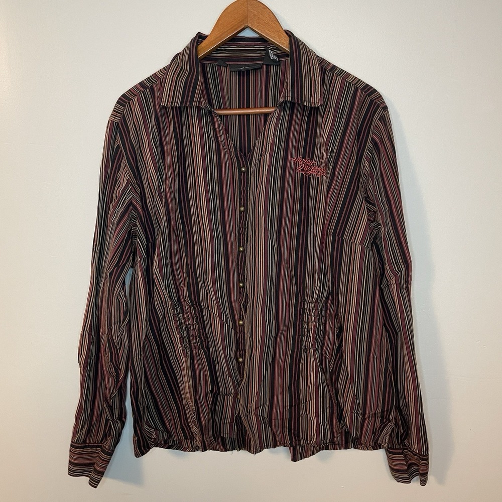 Harley Davidson Shirt Women's 2W Red Striped Fitted Long Sleeve Button Up